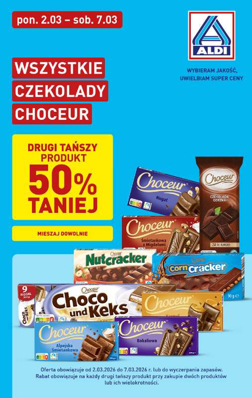 Aldi - gazetka promocyjna Czekolady Choceur - druga, tańsza o 50%! od poniedziałku 02.03 do soboty 07.03