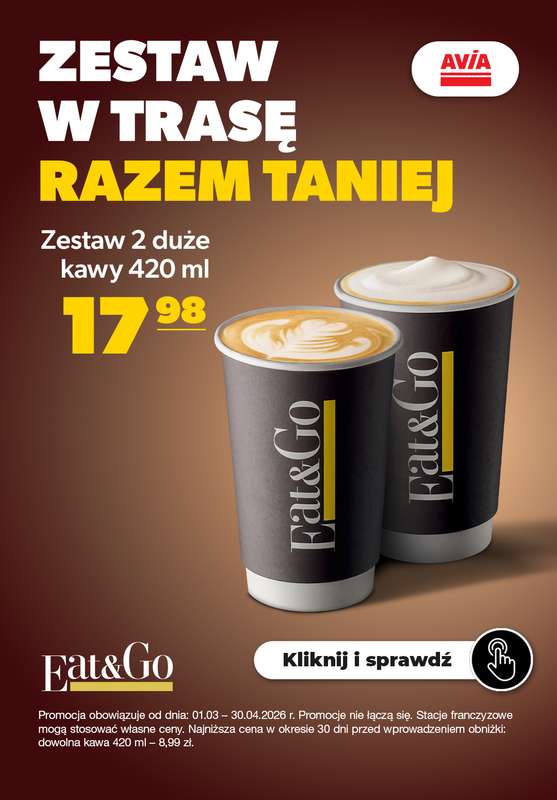 AVIA Stacje Paliw - gazetka promocyjna Dwie duże kawy - TANIEJ! od poniedziałku 02.03 do czwartku 30.04