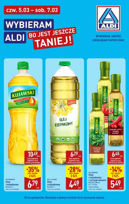 Aldi - gazetka promocyjna Olej rzepakowy w super cenach Aldi! od czwartku 05.03 do soboty 07.03