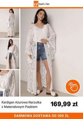 Kardigan Ażurowa Narzutka z Materiałowym Paskiem