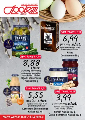 Społem - Blisko i Korzystnie - gazetka promocyjna Plakat promocyjny PSS Kalisz od poniedziałku 16.03 do soboty 11.04