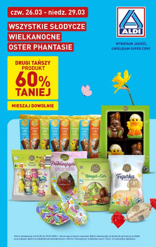 Aldi - gazetka promocyjna Słodycze wielkanocne  - drugi, tańszy produkt - 60%! od czwartku 26.03 do niedzieli 29.03