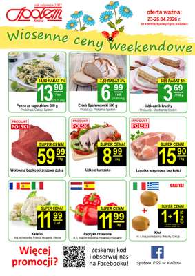 Społem - Blisko i Korzystnie - gazetka promocyjna Plakat promocyjny PSS Kalisz od czwartku 23.04 do niedzieli 26.04
