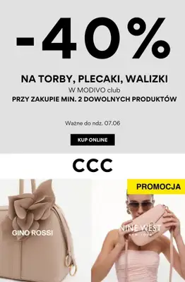 CCC - gazetka promocyjna -40% na torby, plecaki i walizki w MODIVOclub od poniedziałku 04.05 