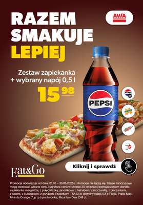 AVIA Stacje Paliw - gazetka promocyjna Zestaw zapiekanka + wybrany napój 0,5 l od piątku 08.05 do wtorku 30.06