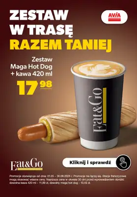 AVIA Stacje Paliw - gazetka promocyjna Zestaw mega hot dog + kawa 420 ml od piątku 08.05 do wtorku 30.06