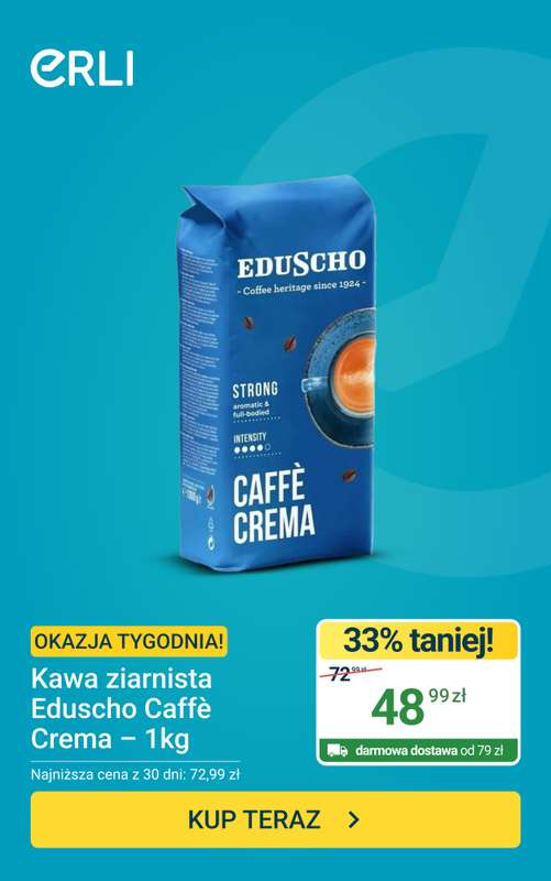 ERLI - gazetka promocyjna Kawa ziarnista EDUSCHO Caffè Crema od poniedziałku 08.06 do niedzieli 14.06