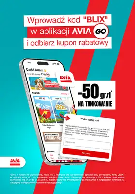 AVIA Stacje Paliw - gazetka promocyjna Kupon 50gr/l rabatu na paliwo na hasło "BLIX" od piątku 03.07 do niedzieli 09.08