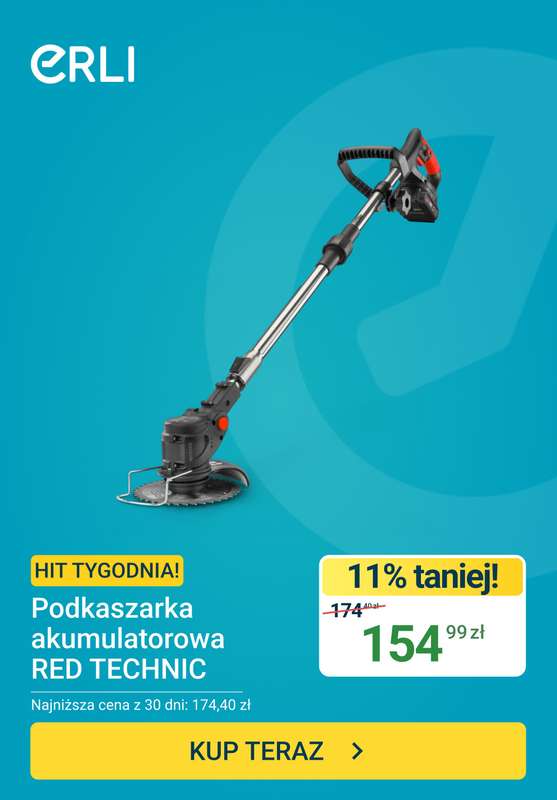 ERLI - gazetka promocyjna Hit tygodnia - Podkaszarka akumulatorowa od poniedziałku 13.07 do niedzieli 19.07