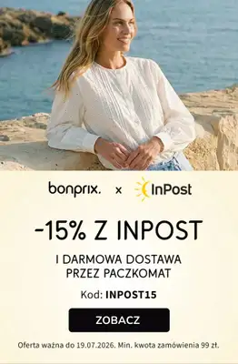 bonprix - gazetka promocyjna 15% rabatu + darmowa dostawa z InPost! od środy 15.07 do niedzieli 19.07
