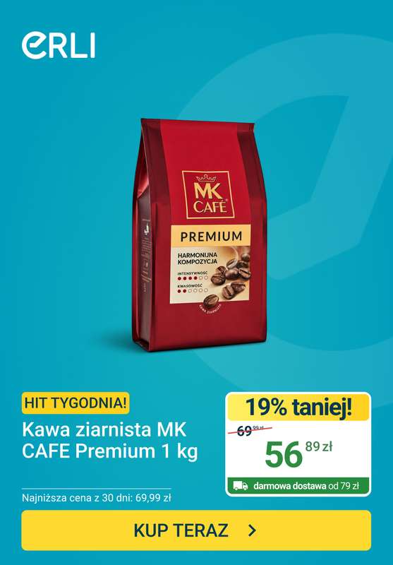 ERLI - gazetka promocyjna Hit tygodnia - Kawa ziarnista MK Cafe Premium od środy 22.07 do niedzieli 26.07
