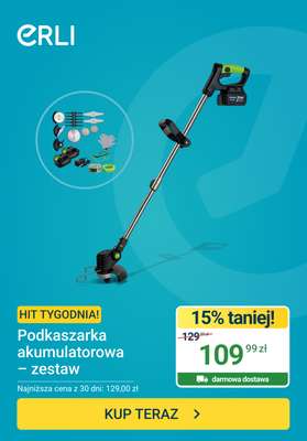 ERLI - gazetka promocyjna Hit tygodnia - Podkaszarka akumulatorowa od poniedziałku 27.07 do niedzieli 02.08