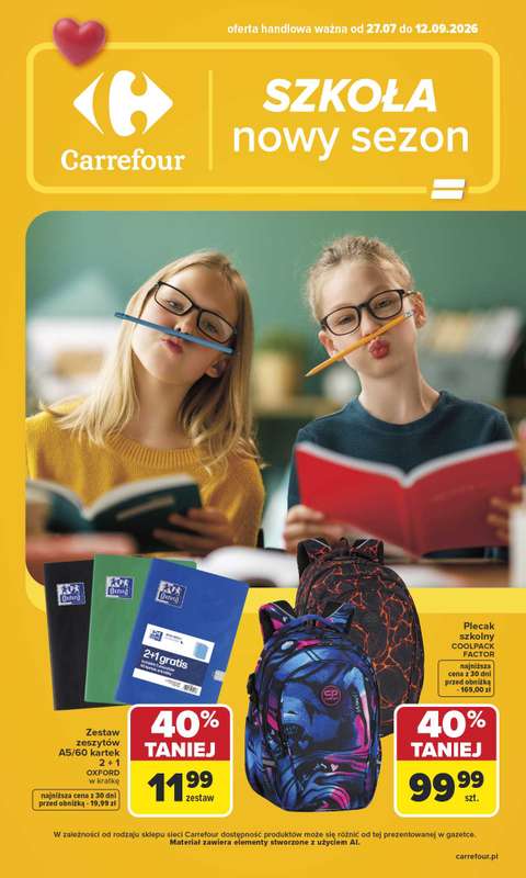 Carrefour - gazetka promocyjna Gazetka Szkoła nowy sezon od poniedziałku 27.07 do środy 12.08
