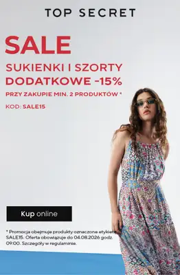 Top Secret - gazetka promocyjna Extra -15% na przecenione SUKIENKI i SZORTY przy zakupie min. 2 szt. od wtorku 28.07 do wtorku 04.08