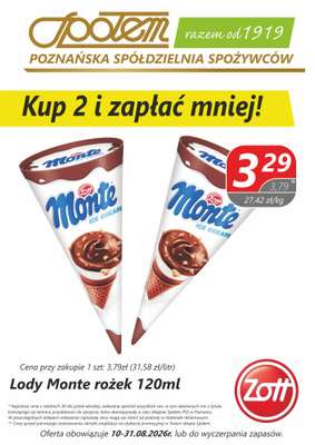 Społem - Blisko i Korzystnie - gazetka promocyjna Lody Monte PSS Poznań od poniedziałku 10.08 do poniedziałku 31.08