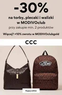 CCC - gazetka promocyjna -30% na torby, plecaki i walizki w MODIVOclub przy zakupie 2 produktów od środy 05.08 do środy 30.09
