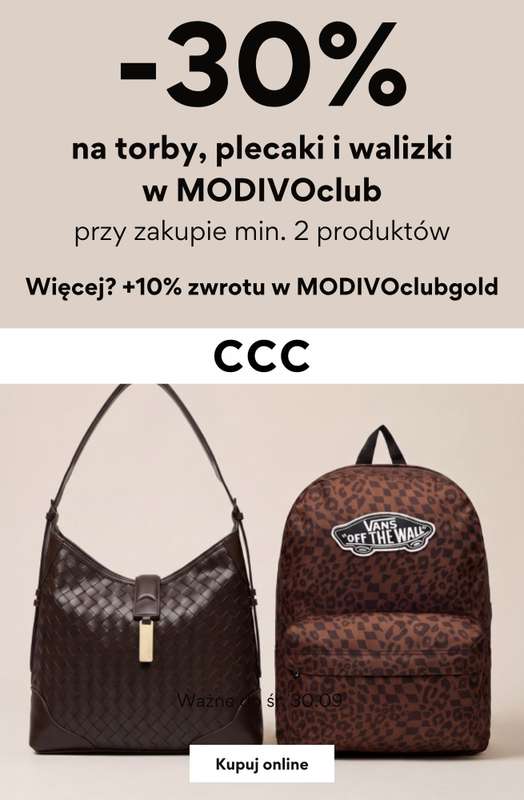 CCC - gazetka promocyjna -30% na torby, plecaki i walizki w MODIVOclub przy zakupie 2 produktów od środy 05.08 do środy 30.09