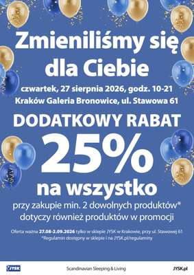 Jysk - gazetka promocyjna KRAKÓW: Wielkie Otwarcie JYSK! Już 27.08! od czwartku 27.08 do środy 02.09