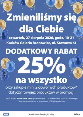 Jysk - gazetka promocyjna KRAKÓW: Wielkie Otwarcie JYSK! Już 27.08! od czwartku 27.08 do środy 02.09