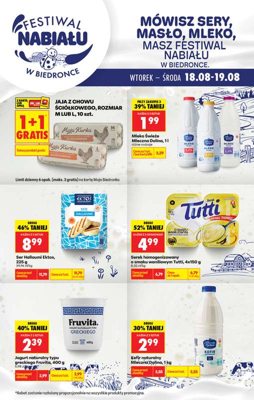 Biedronka - gazetka promocyjna Festiwal nabiału od poniedziałku 17.08 do poniedziałku 31.08
