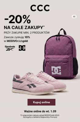 CCC - gazetka promocyjna -20% na wszystko przy zakupie min. 2 produktów od piątku 21.08 do wtorku 01.09