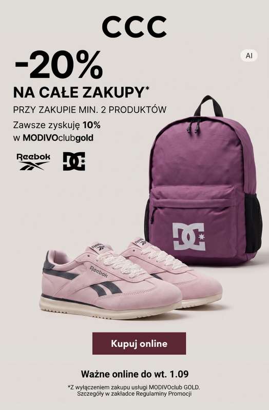 CCC - gazetka promocyjna -20% na wszystko przy zakupie min. 2 produktów od piątku 21.08 do wtorku 01.09