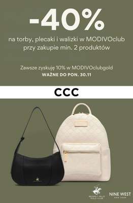 CCC - gazetka promocyjna -40% na torby, plecaki i walizki w MODIVOclub przy zakupie 2 produktów od środy 26.08 do poniedziałku 30.11