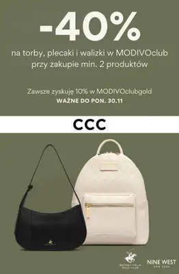 CCC - gazetka promocyjna -40% na torby, plecaki i walizki w MODIVOclub przy zakupie 2 produktów od środy 26.08 do poniedziałku 30.11