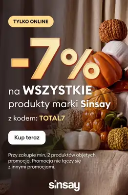 Sinsay - gazetka promocyjna -7% na WSZYSTKIE produkty marki Sinsay przy zakupie min. 2 szt. od czwartku 03.09 do poniedziałku 07.09