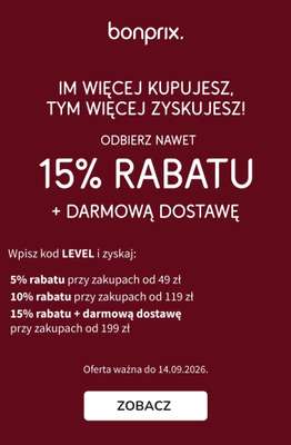 bonprix - gazetka promocyjna Nawet 15% rabatu - im więcej kupujesz, tym więcej zyskujesz! od poniedziałku 14.09 do poniedziałku 14.09