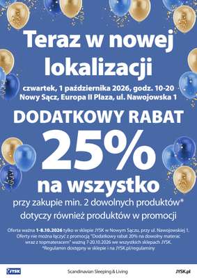 Jysk - gazetka promocyjna Nowy Sącz: Wielkie Otwarcie JYSK! Już 01.10.2026! od czwartku 01.10 do czwartku 08.10