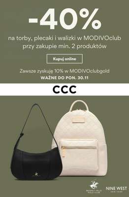 CCC - gazetka promocyjna -40% na torby, plecaki i walizki w MODIVOclub przy zakupie 2 produktów od poniedziałku 21.09 do poniedziałku 30.11