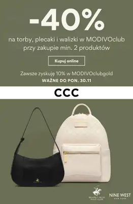 CCC - gazetka promocyjna -40% na torby, plecaki i walizki w MODIVOclub przy zakupie 2 produktów od poniedziałku 21.09 do poniedziałku 30.11