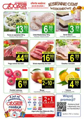 Społem - Blisko i Korzystnie - gazetka promocyjna Plakat promocyjny PSS Kalisz od czwartku 24.09 do soboty 26.09