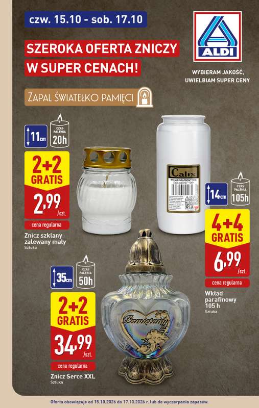 Aldi - gazetka promocyjna SZEROKA OFERTA ZNICZY od czwartku 15.10 do soboty 17.10