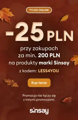 Sinsay - gazetka promocyjna -25 PLN przy zakupach za min. 200 PLN od wtorku 20.10 do środy 21.10