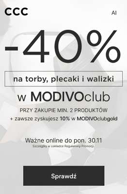 CCC - gazetka promocyjna -40% na torby, plecaki i walizki w MODIVOclub przy zakupie 2 produktów od czwartku 29.10 do poniedziałku 30.11