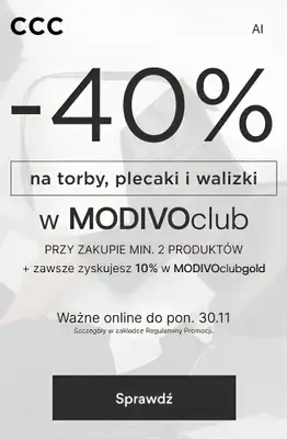 CCC - gazetka promocyjna -40% na torby, plecaki i walizki w MODIVOclub przy zakupie 2 produktów od czwartku 29.10 do poniedziałku 30.11