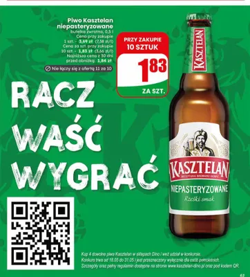 Piwo Kasztelan niepasteryzowane butelka zwrotna promocja w Dino