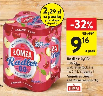 Radler Łomża 0,0% wybrane rodzaje 4x0,5l promocja w Intermarche