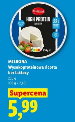 Wysokoproteinowa ricotta bez laktozy Milbona High Protein promocja w Lidl