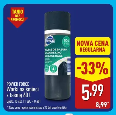 Worki na śmieci z taśmą 60 l Power Force promocja w Aldi