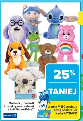 Maskotki, maskotki interaktywne, zabawki z linii Fisher Price promocja w Carrefour Market