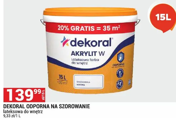 Dekoral Akrylit W lateksowa farba do wnętrz odporna na szorowanie promocja w Merkury Market
