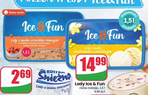 Lody Ice & Fun o smaku orzeszków ziemnych z kawałkami prażonych karmelizowanych słonych orzeszków ziemnych promocja w Dino