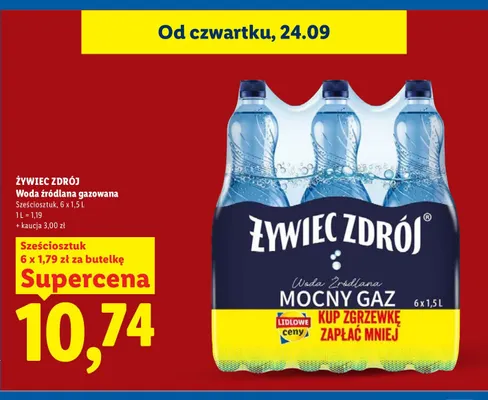 Woda źródlana gazowana Mocny Gaz 6-pak Żywiec Zdrój promocja w Lidl