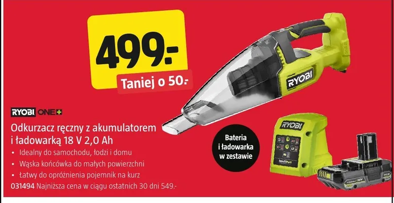 Odkurzacz ręczny z akumulatorem i ładowarką Ryobi One+ 18V 2,0Ah 031494 promocja w Jula