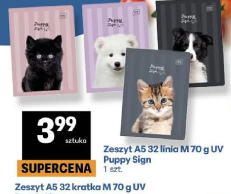 Zeszyt A5 32 linia M 70 g UV Puppy Sign promocja w Delikatesy Centrum