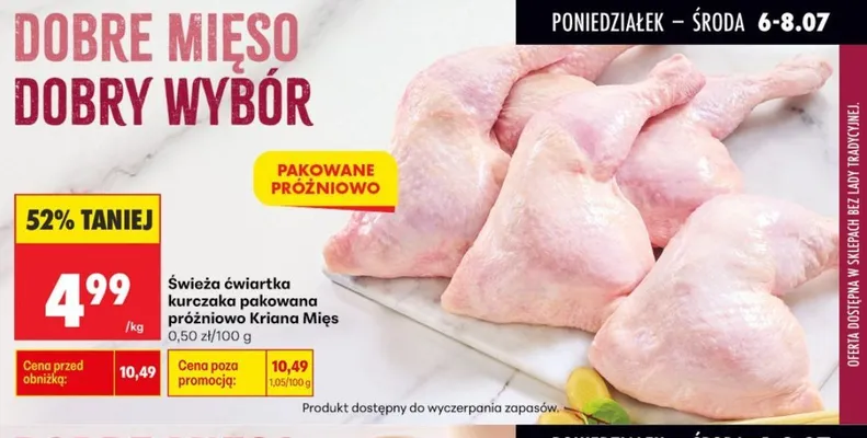 Świeża ćwiartka kurczaka pakowana próżniowo Kraina Mięs promocja w Biedronka