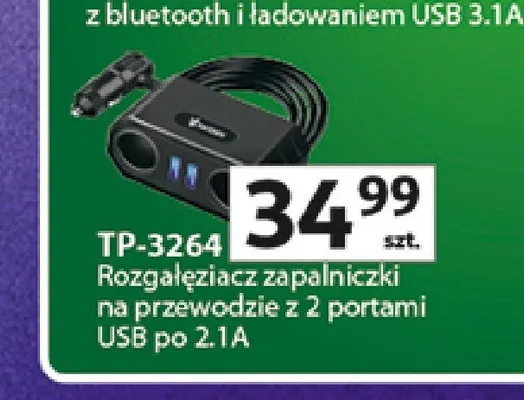 Rozgałęziacz zapalniczki na przewodzie z 2 portami USB po 2,1A Vakoss TP-3264 promocja w Auchan